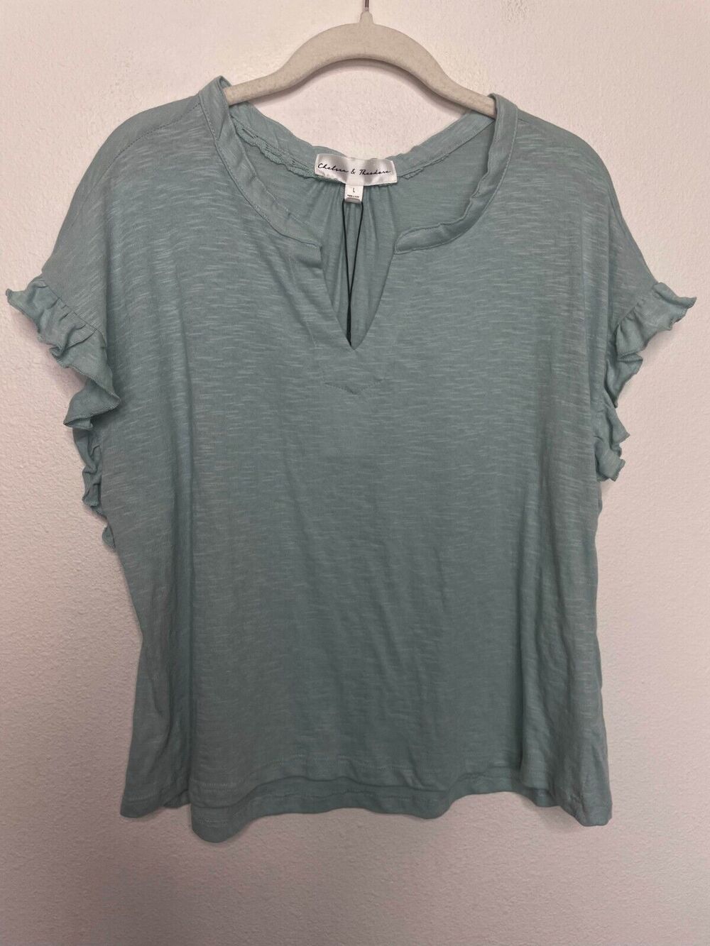 Chelsea & Theodore Large Top Tinted Sea Blue Green Cotton Ruffle Sleeve V-neck